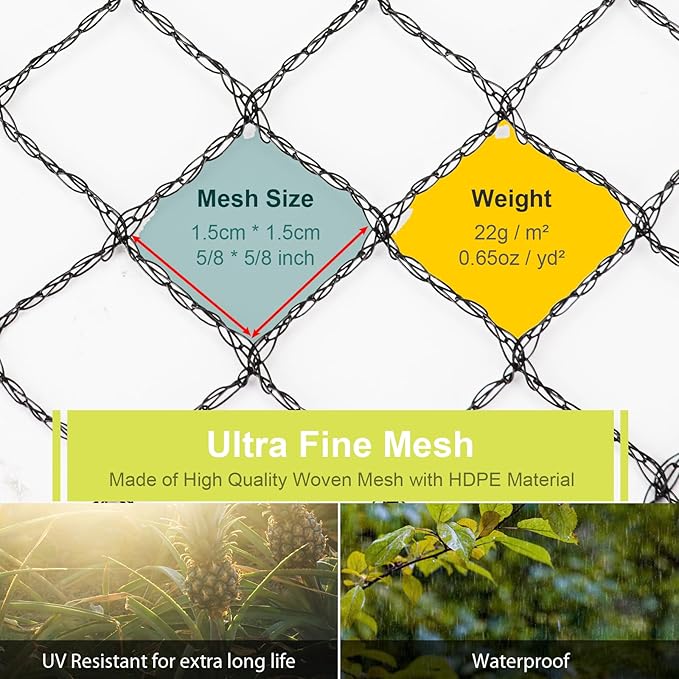 Bird Netting for Garden - 13 x 40 FT Heavy Duty Anti Bird Netting Mesh with Ties and Landscape Staples for Vegetable, Fruit Trees & Other Plants, Lasting Against Birds Deer Squirrels and Poultry