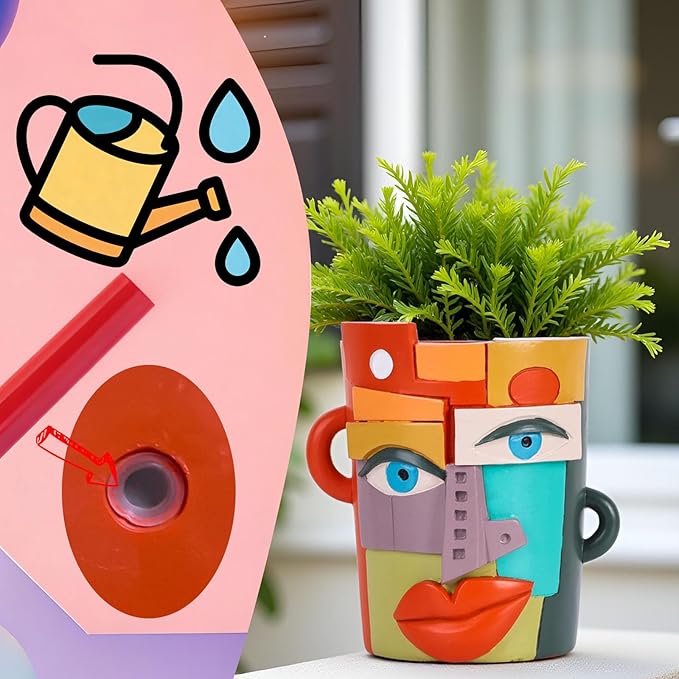 XMGZQ Abstract Cubism Face Planter,Pop Art Sculpture & Vase Decor,Unique Picasso Style Flower Pot,for 4-6 Inch Succulents & Houseplants,Drainage Hole Included,Statement Gift (Mid-Century)