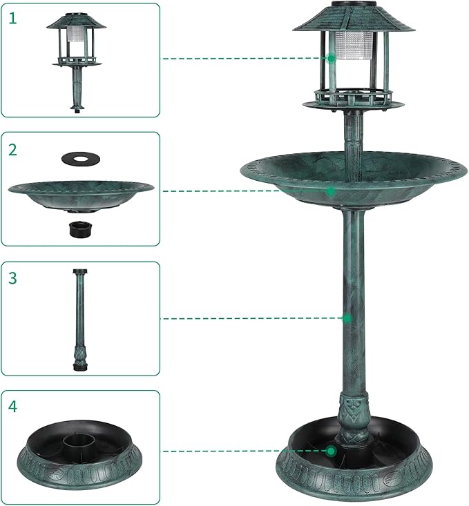 Outvita Outdoor Bird Bath, Garden Bird Baths Decorations with Solar-Powered Lamp and Resin Pedestal Flower Planter Base Bird Feeder for Yard Patio