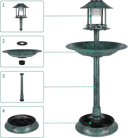 Outvita Outdoor Bird Bath, Garden Bird Baths Decorations with Solar-Powered Lamp and Resin Pedestal Flower Planter Base Bird Feeder for Yard Patio