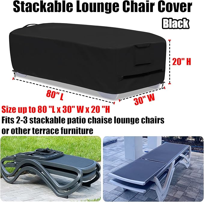 Outdoor Chaise Lounge Cover for 2-3 Stackable Chaise Lounge Chairs, Waterproof, Durable Polyester Fabric, 80 inch Patio Stackable Chaise Lounge Chairs Cover for Pool Lounge Chair Winter Storage, Black