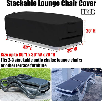 Outdoor Chaise Lounge Cover for 2-3 Stackable Chaise Lounge Chairs, Waterproof, Durable Polyester Fabric, 80 inch Patio Stackable Chaise Lounge Chairs Cover for Pool Lounge Chair Winter Storage, Black