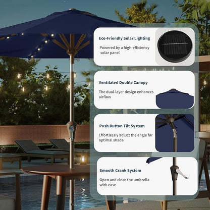 10FT Solar Umbrella 32 LED Lighted Patio Umbrella Table Market Umbrella w/Tilt and Crank, UV-Resistant Outdoor Umbrella for Pool, Garden, Deck, Navy Blue