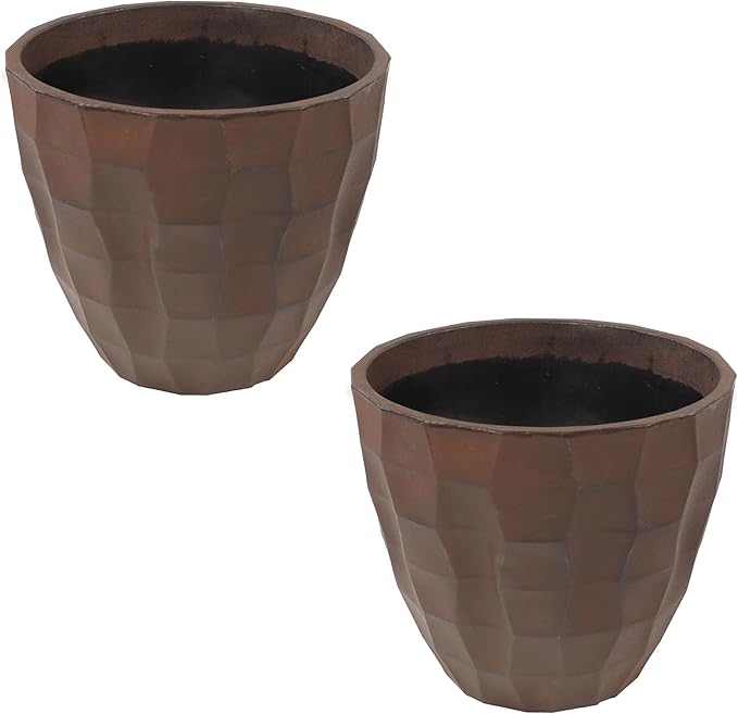 Sunnydaze Pebbled Polyresin Round Outdoor Planter - 15.75" Flower Pot for Indoor or Outdoor Use - Dark Brown - Set of 2