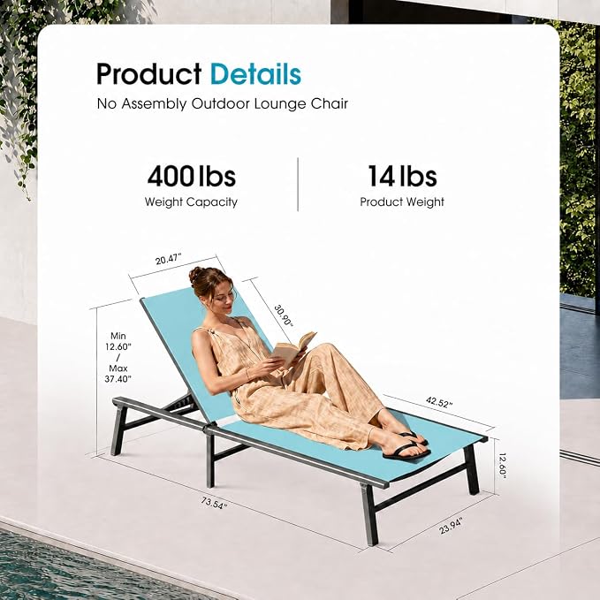Ciokea Foldable Outdoor Lounge Chair, No Assembly Patio Chaise Lounge Outdoor with 5-Positions, Aluminum Pool Lounge Chair with Portable Design for Pool, Beach, Deck, Backyard, Lake Blue