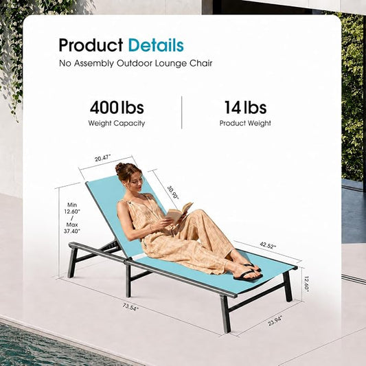 Ciokea Foldable Outdoor Lounge Chair, No Assembly Patio Chaise Lounge Outdoor with 5-Positions, Aluminum Pool Lounge Chair with Portable Design for Pool, Beach, Deck, Backyard, Lake Blue