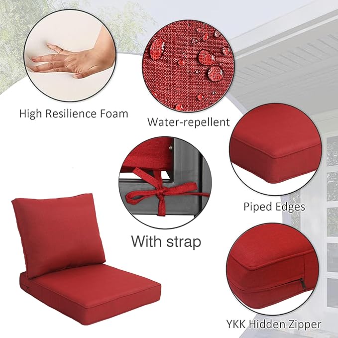 COZYVIDA Outdoor/Indoor 23.5x25 inch Deep Seat Patio Cushions Set of 2 Resilient Foam Filling Water Repellent Stain-Resistant UV Resistant Weather Resistant Patio Cushions Chili