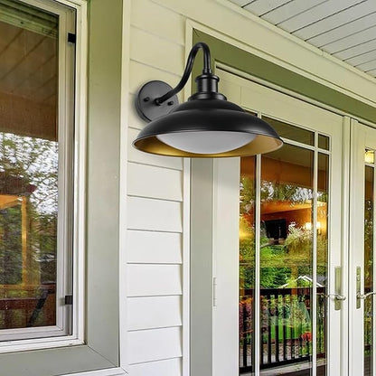 LED Outdoor Barn Lights, 12 Inch Farmhouse Exterior Wall Light Fixtures with Adjustable Color Temperature, Black Porch Lights Outside for House, Outdoor & Indoor, Gold Interior, 2 Pack