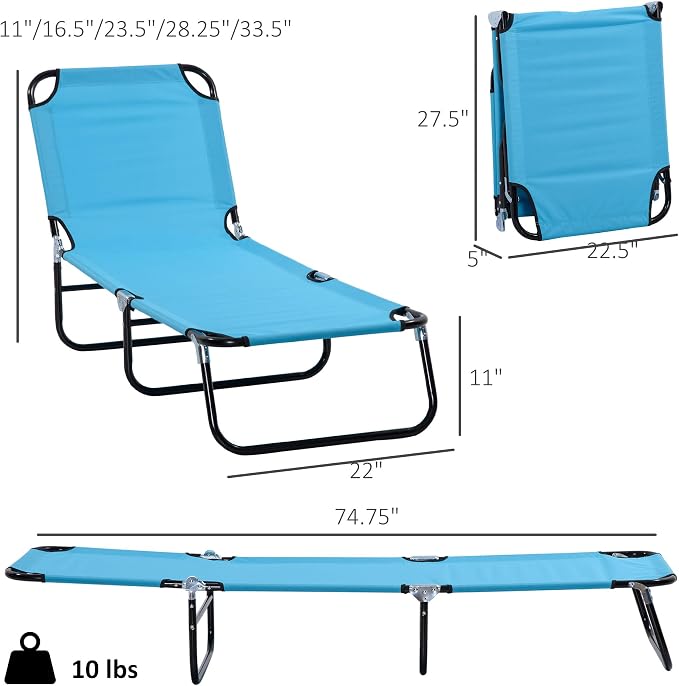 Outsunny Folding Chaise Lounge Chair with 5-Level Back, Sky Blue | Pool Sun Tanning Chairs, Breathable Mesh Seat, Headrest, for Pool, Beach, Yard, Patio, Outside