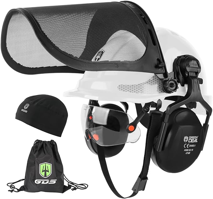 GREEN DEVIL Chainsaw Safety Protective Helmet Forestry Helmet with Build-in Visor Mesh Face Shield Ear Muffs 4 in 1 Ideal for Arborist Tree Work DIY Outdoor Logging Hard hat