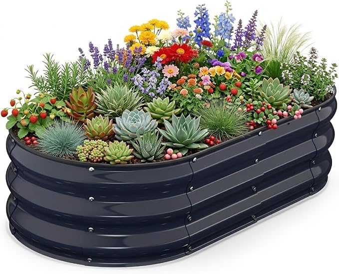 Raised Garden Bed 4×2×1 FT, Galvanized Metal Raised Planter Box Decorative Vegetable & Flower Planting Container for Patio Entryway Poolside Outdoor Landscaping Midnight Blue