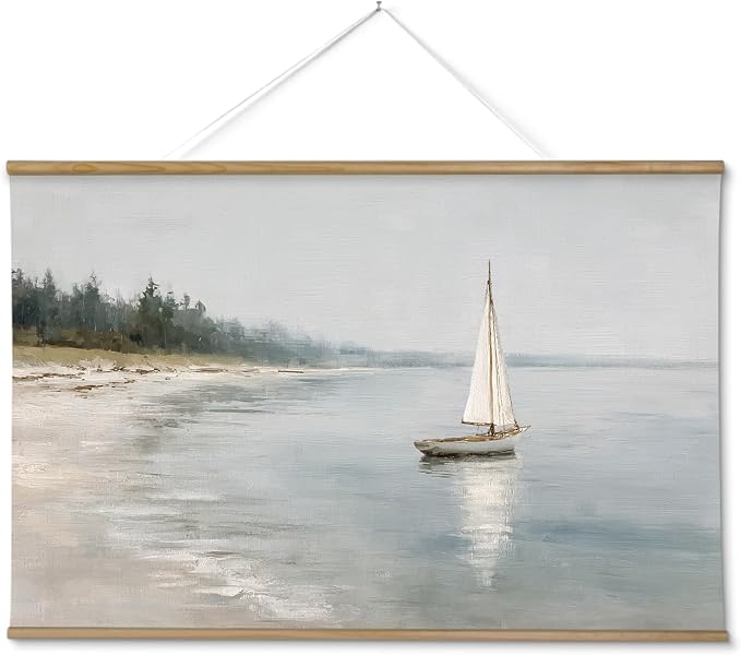 ARPEOTCY Extra Large Vintage Framed Wall Art, 36x54 Inch Coastal Ocean Sailboat Beach Landscape Hanging Canvas Prints Wall Art Decor for Living Room Bedroom, Retro Scenery Pictures Above of Bed
