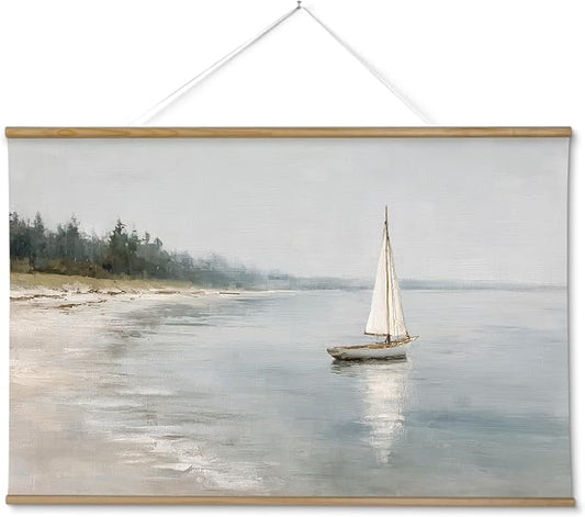 ARPEOTCY Extra Large Vintage Framed Wall Art, 36x54 Inch Coastal Ocean Sailboat Beach Landscape Hanging Canvas Prints Wall Art Decor for Living Room Bedroom, Retro Scenery Pictures Above of Bed