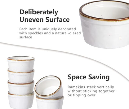 ONEMORE 12 oz Ramekins Oven Safe - Set of 6 Speckled Ceramic Souffle Dishes with Brown Rim for Baking Creme Brulee, French Onion Soup, Pot Pies, and More | Rustic Design with Warm Cream Glaze