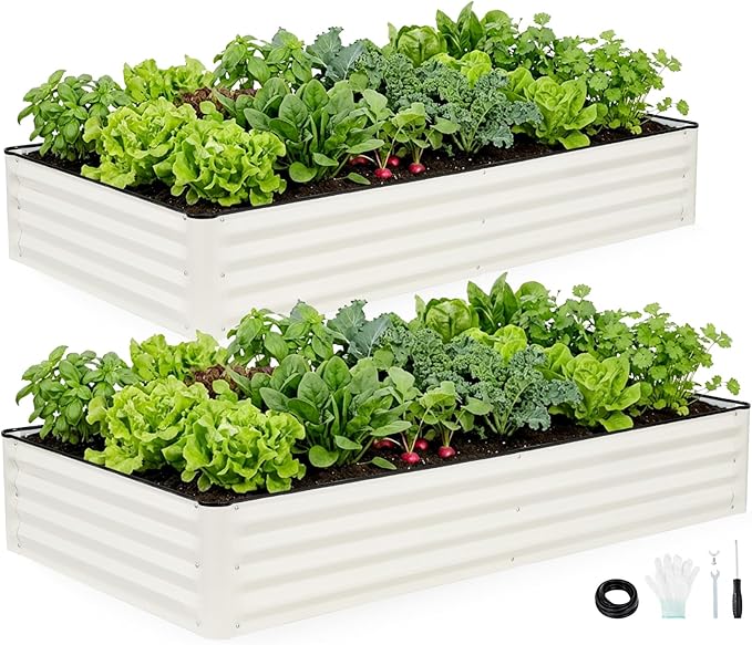INNO STAGE Galvanized Raised Garden Bed Kits, 6x3x1ft Metal Raised Garden Beds Outdoor, Large Steel Raised Planter Bed with Gloves for Vegetables & Flowers Patio Ground Planter Box (White, 2PCS)