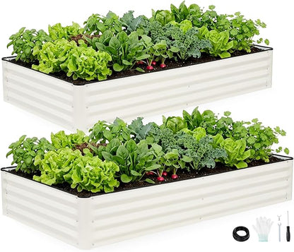 INNO STAGE Galvanized Raised Garden Bed Kits, 6x3x1ft Metal Raised Garden Beds Outdoor, Large Steel Raised Planter Bed with Gloves for Vegetables & Flowers Patio Ground Planter Box (White, 2PCS)