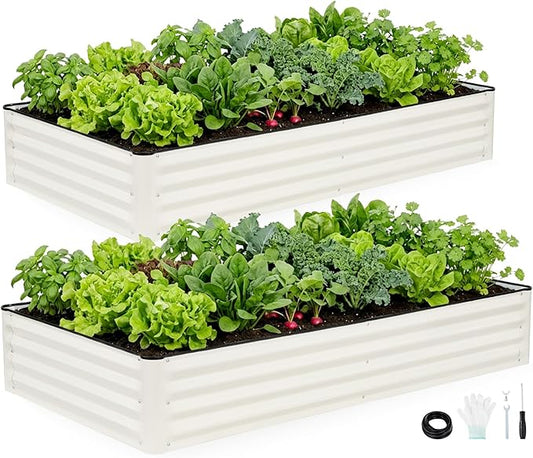 INNO STAGE Galvanized Raised Garden Bed Kits, 6x3x1ft Metal Raised Garden Beds Outdoor, Large Steel Raised Planter Bed with Gloves for Vegetables & Flowers Patio Ground Planter Box (White, 2PCS)