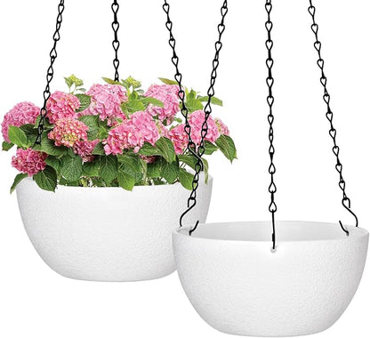 13 inch Hanging Planters for Indoor Outdoor Plants, 2 Pack Hanging Pots with Drainage Holes and Chain, Plastic Hanging Plant Pots for Garden Home Decor, White