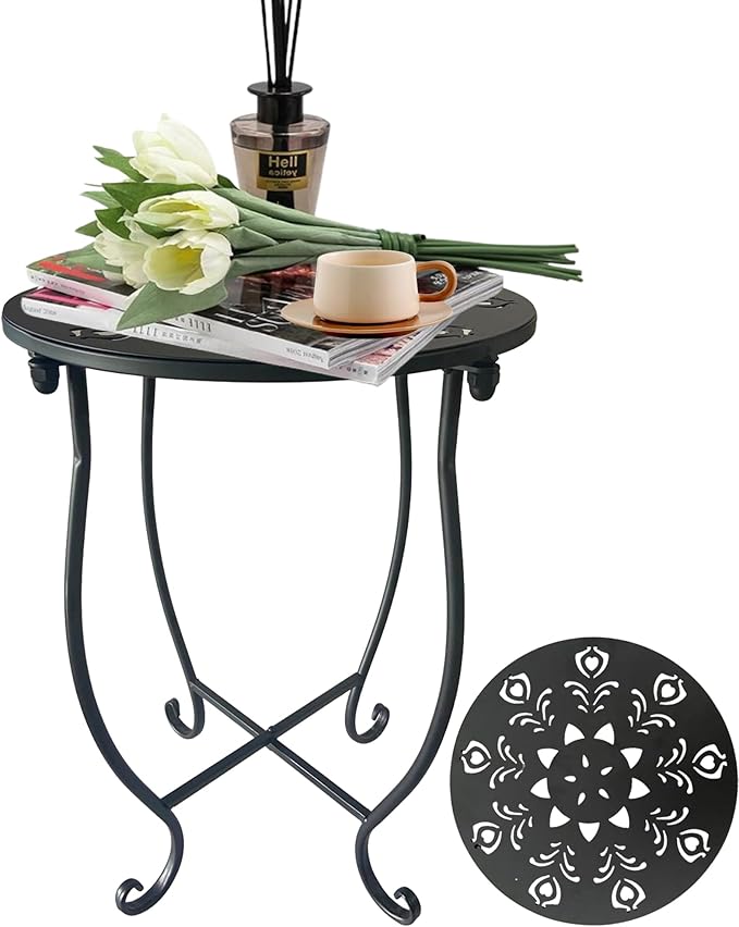 Outdoor Side Table, 14-inch Small Round Metal Patio Table with Flower Cut-Out Design, Modern Rust-Proof Portable End Table Patio Side Table for Outside Garden Balcony Yard & Indoor Use 1 Pack