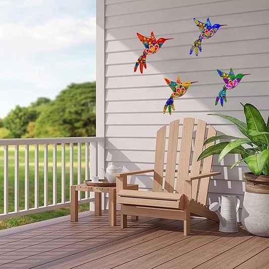 Outdoor Metal Wall Art Garden Decor for Outside Colorful Hummingbird Fence Art - (Set of 4,ColorF)