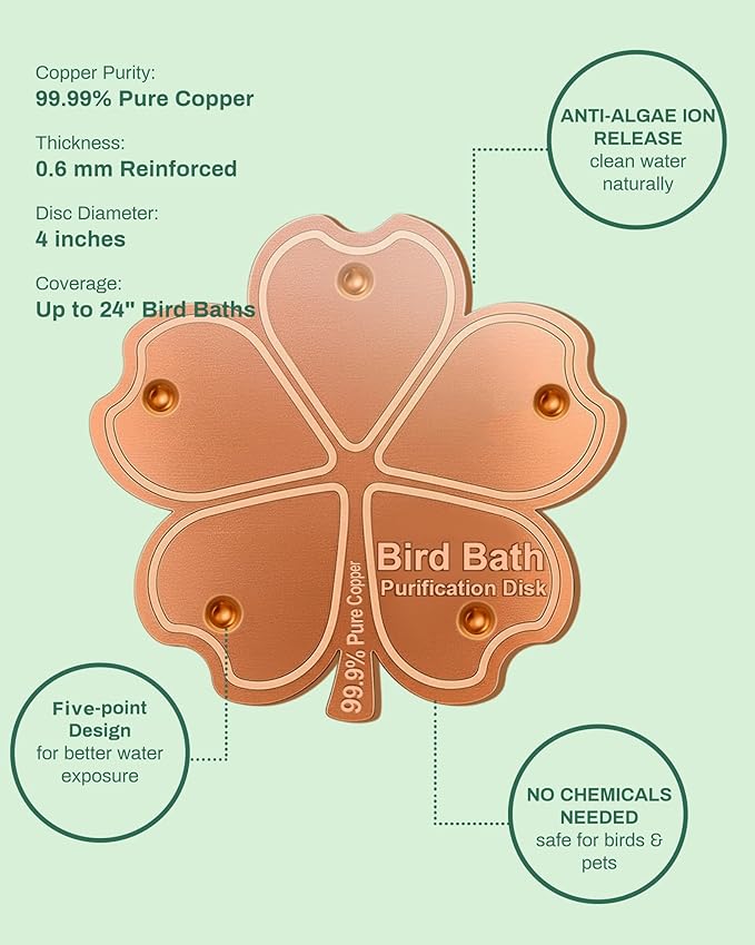 Bird Bath Purification Disk Pure Copper Outside Winter Solar Power Birdbath Heater Hanging Bowl Metal Deicer Cage Dispenser Water Ground Pedestal Cleaner Nectar Food Pole Large House Birdhouse