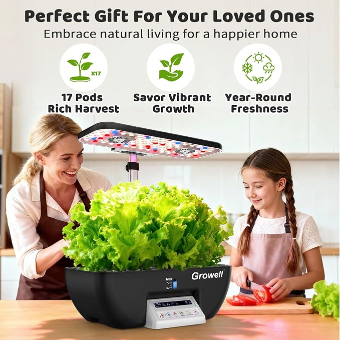 Growell Hydroponics Growing System Kit, 17 Pods Indoor Herb Garden with 2 Fans Circulation, Grow Light, Smart Water Cycle, Auto Timer, 10L Water Tank,Perfect Indoor Gardening System Gifts(Black/White)