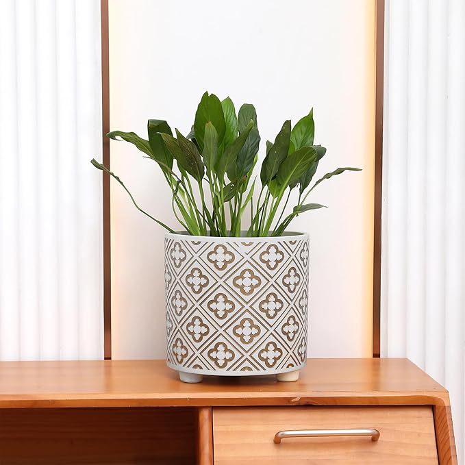 8 Inch Flowerpot, Planter for Indoor Plant, Indoor & Outdoor Plants Pot with Drainage Hole - for Decoration of Home Garden & Terrace, White & Gold