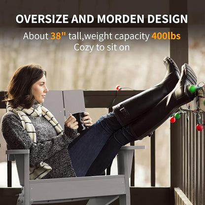 MXIMU Modern Adirondack Chair Weather Resistant with Cup Holder Oversized Fire Pit Chairs Adorondic Plastic Outdoor Chairs for Firepit Area Seating (Grey)