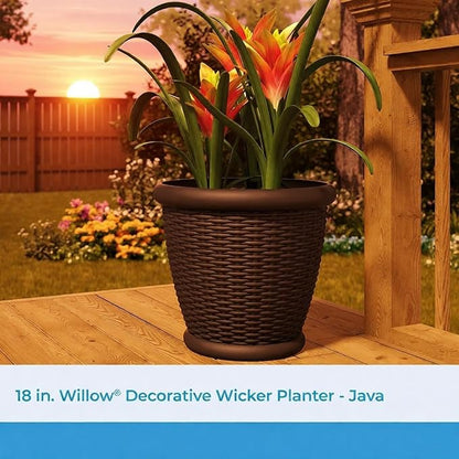 18 Inch Resin Wicker Planter Pot, Decorative Indoor Outdoor Flower Pot for Patio Garden Balcony, Java Brown, Lightweight with Drain Holes