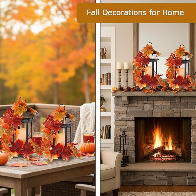 2 Set Fall Lantern Decorations 14in Thanksgiving Metal Lantern Holder with Led Candle Vintage Candle Holder with Maple Vine Decor for Outdoor Indoor Patio Front Porch Table