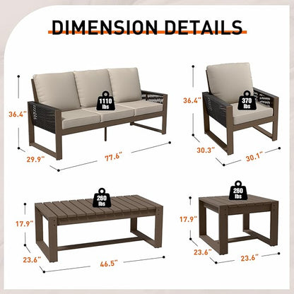 Rustic Hideaway Natural Cedar Wood Outdoor Furniture Set, Wicker Patio Conversation Set for Porch Garden Backyard, Couch, Patio Chairs, Tables, 5 Piece, Brownish/Beige