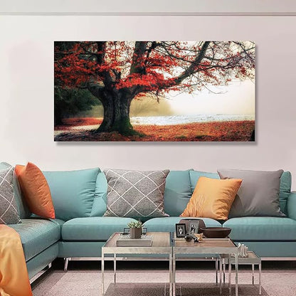 Stunning Nature Landscape Wall Art - 20x40 inches Canvas Artwork of Sunrise Forest Scenery with Red Leaves. Perfect Wall Decoration for Living Room, Bedroom and More