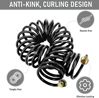 Pangda 100 Ft x 3/8'' Coil Garden Hose EVA Recoil Garden Self Coiling Expanding Water Hose with 6 Function Spray Nozzle Universal 3/4'' Brass Connector Fitting for Outdoor Yard(Black)