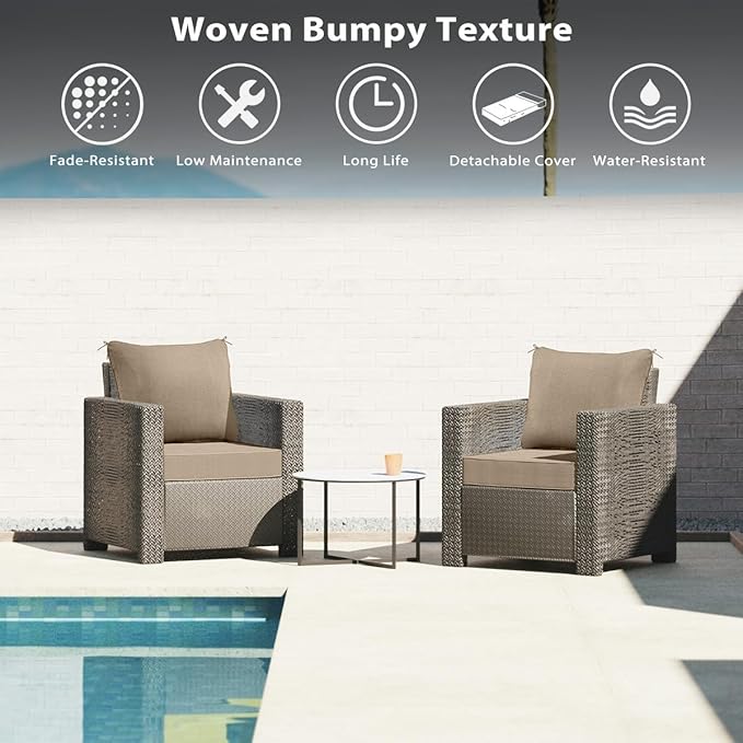 Sundale Outdoor Olefin Deep Seat Cushion Set of 2, Patio Chair Cushion and Pillow, Water-Resistant Sectional Sofa Pad with Straps Khaki, 23 x 26 x 6 Inches
