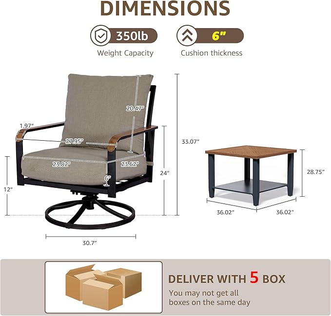 NATURAL EXPRESSIONS 5 Piece Patio Furniture Set, Outdoor Conversation with 4 Pcs Swivel Rocking Chairs and 27" Double-Layer Coffee Table 6" Thick Cushions for Balcony, Backyard, Deck, Porch (Shale)