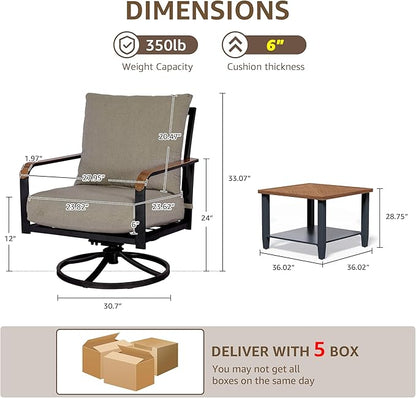 NATURAL EXPRESSIONS 5 Piece Patio Furniture Set, Outdoor Conversation with 4 Pcs Swivel Rocking Chairs and 27" Double-Layer Coffee Table 6" Thick Cushions for Balcony, Backyard, Deck, Porch (Shale)