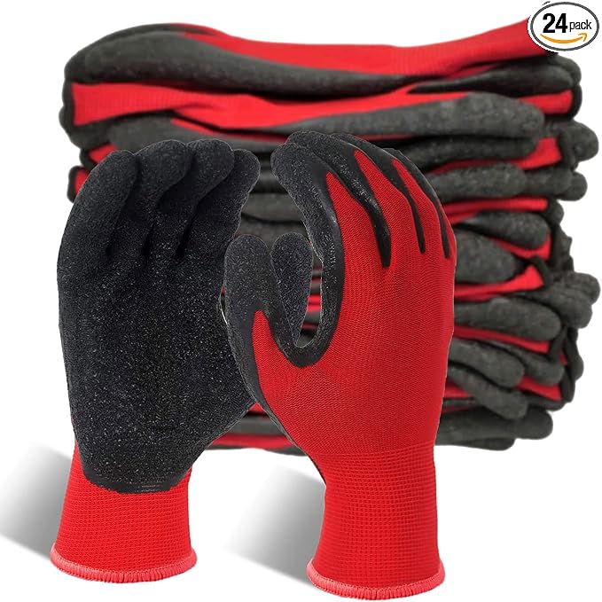 Evridwear Crinkle Latex Rubber Hand Coated Safety Work Gloves for Men Women General Multi Use Construction Warehouse Gardening Assembly Landscaping,Red X-small 12 Pairs Pack