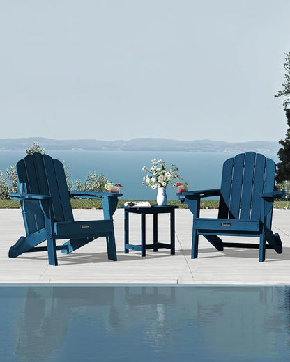 Folding Adirondack Chair,All-Weather HDPE Fire Pit Chair with 2 Cup Holders, Plastic Outdoor Chair for Patio Deck Garden Lawn, NavyBlue
