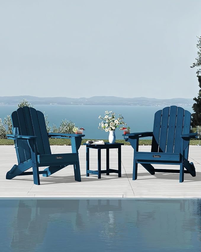 Folding Adirondack Chairs Set of 2,All-Weather HDPE Fire Pit Chair with 2 Cup Holders, Plastic Outdoor Chair for Patio Deck Garden Lawn, NavyBlue