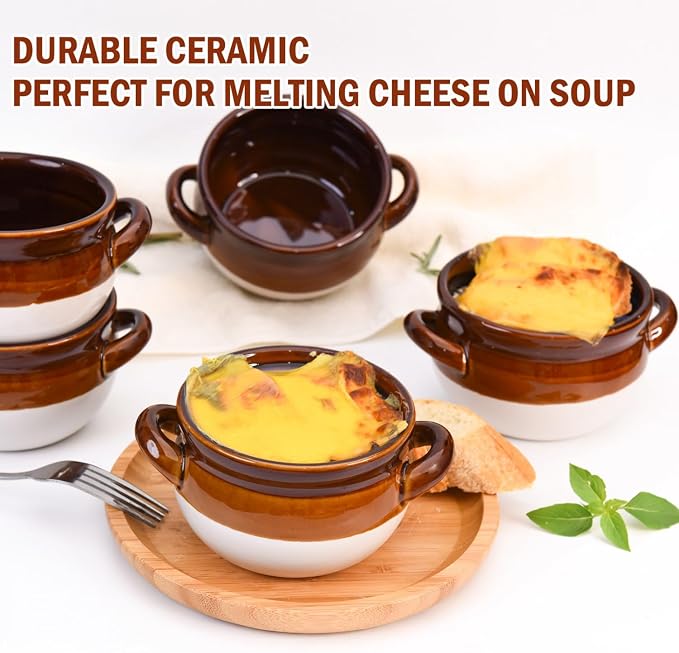 Vumdua Soup Bowls with Handles, 16 Oz Ceramic French Onion Soup Bowls (Brown)