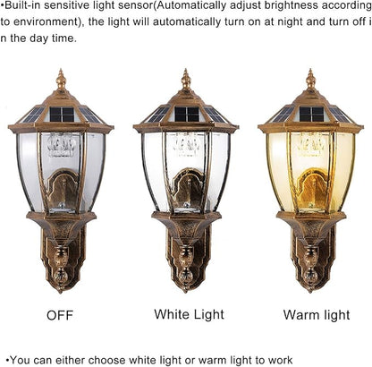 Solar Wall Lamp with Light Sensor, Waterproof Outdoor Led Hexagonal Light Fixture for Garage, Front Porch, Fence, Yard, Bronze