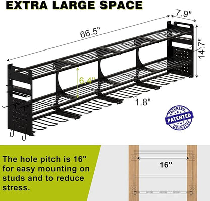 64" Power Tool Organizer Wall Mount, 16 Slots, 3-Tier Drill & Cordless Tool Storage Holder with Pegboard Sides, Tool Wall Organizer for Garage & Workshop Black