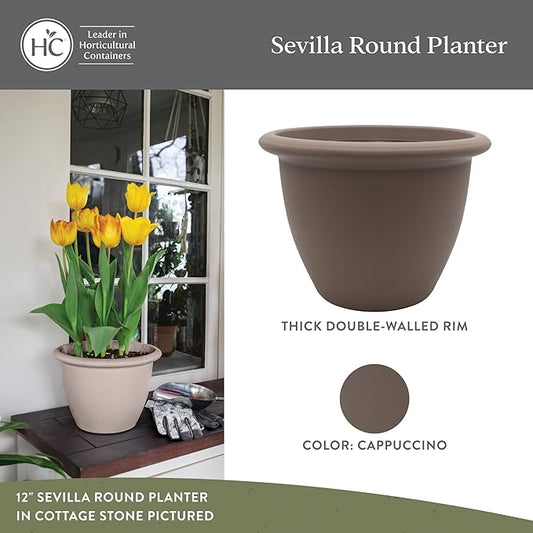 The HC Companies Sevilla Flower Planters - Outdoor & Indoor Planter - Round Self Watering Plant Pots for Herbs & More (14”, Cappuccino, Pack of 2)