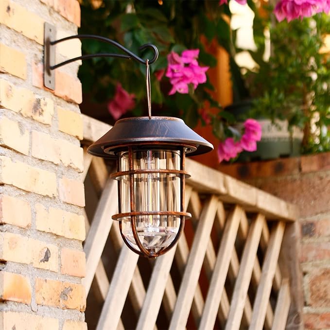 Solar Lantern Outdoor Hanging Solar Lights, Waterproof Metal Outdoor Lights with Clear Glass, LED Decorative Aluminum Wall Lantern with Hooks, Bronze