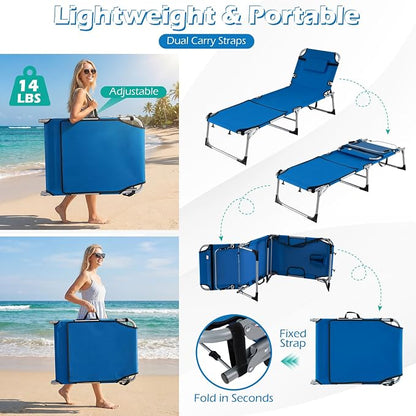 GYMAX Tanning Chair, 3 in 1 Sun Bathing Lounge Chairs with Face/Arm Holes & Side Pocket, Portable Lightweight Face Down Layout Tanning Chair for Outside, Beach, Backyard, Poolside (1, Blue)