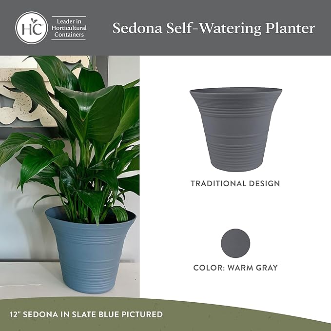 The HC Companies Sedona Round Self-Watering Pot - Lightweight Self Care Planter - Plastic Planter for Herbs & More - Durable Plant Pots for Indoor Plants & Outdoor Plants (12" Warm Gray, Pack of 1)