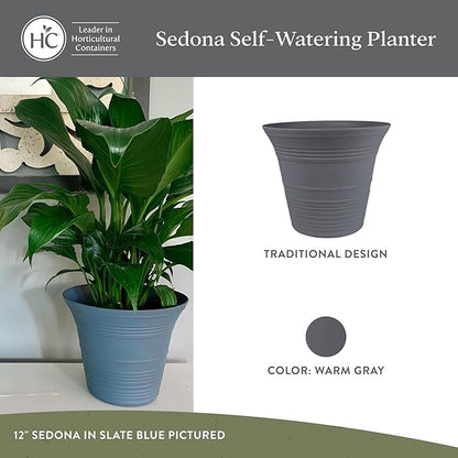 The HC Companies Sedona Round Self-Watering Pot - Lightweight Self Care Planter - Plastic Planter for Herbs & More - Durable Plant Pots for Indoor Plants & Outdoor Plants (12" Warm Gray, Pack of 1)