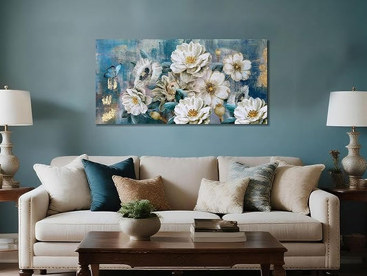 Arjun Flower Canvas Wall Art for Bedroom White Elegant Teal Picture, Textured Floral Magnolia Aesthetic Painting Living Room Wall Decor Turquoise Large Artwork Dining Room Home Office 40"x20"