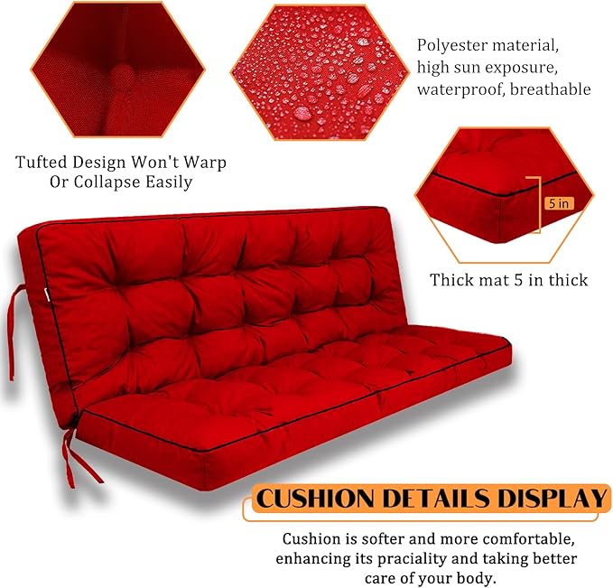 Swing Replacement Seat Cushions, 2-3 Seater Bench Cushions for Outdoor Furnitur with Backrest, Garden Recliner Seat Cushions Waterproof Sofa Pads (Red, 63x40in)