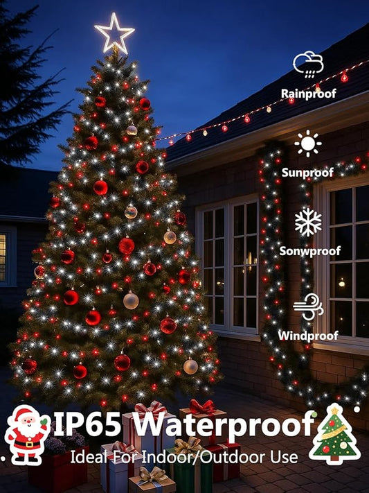 4 Pack Red and White Solar Christmas Lights Outdoor Waterproof, 132FT 400LED Solar String Lights Green Wire Fairy Lights, Solar Twinkle Lights with 8 Lighting Modes for Xmas Garden Decorations